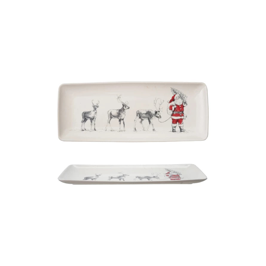 Stoneware Serving Platter with Santa Leading Reindeer - Posh West Boutique