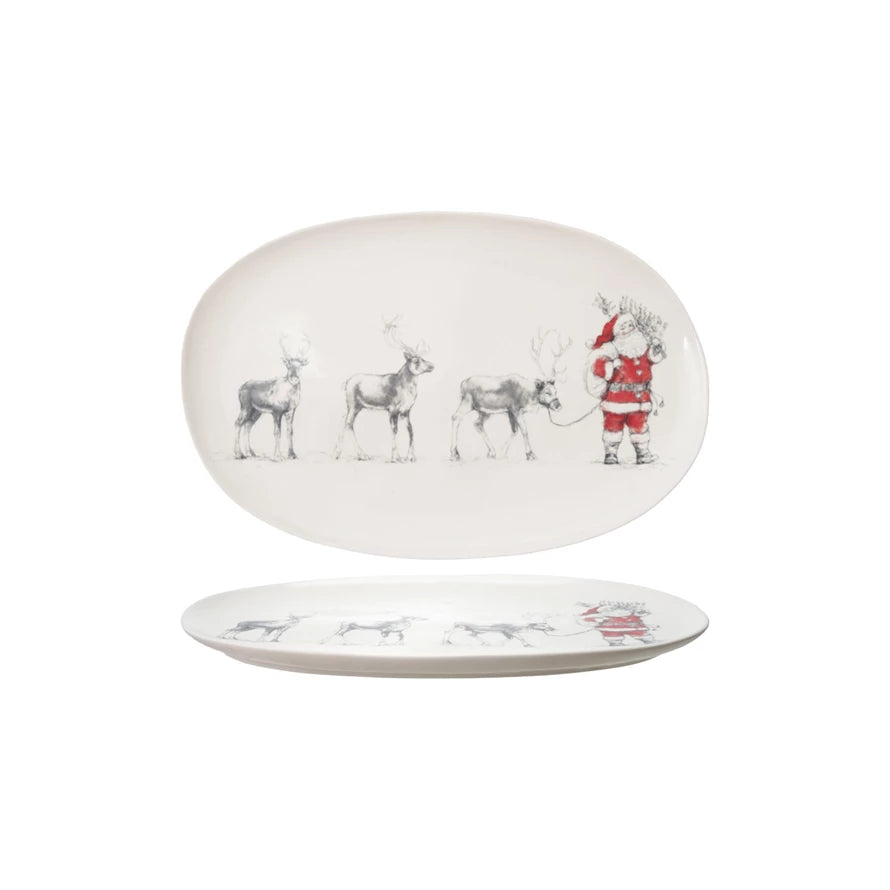 Oval Stoneware Serving Platter with Santa Leading Reindeer - Posh West Boutique