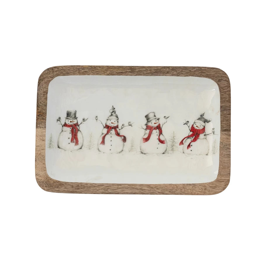Enameled Mango Wood Tray with Snowmen & Birds - Posh West Boutique