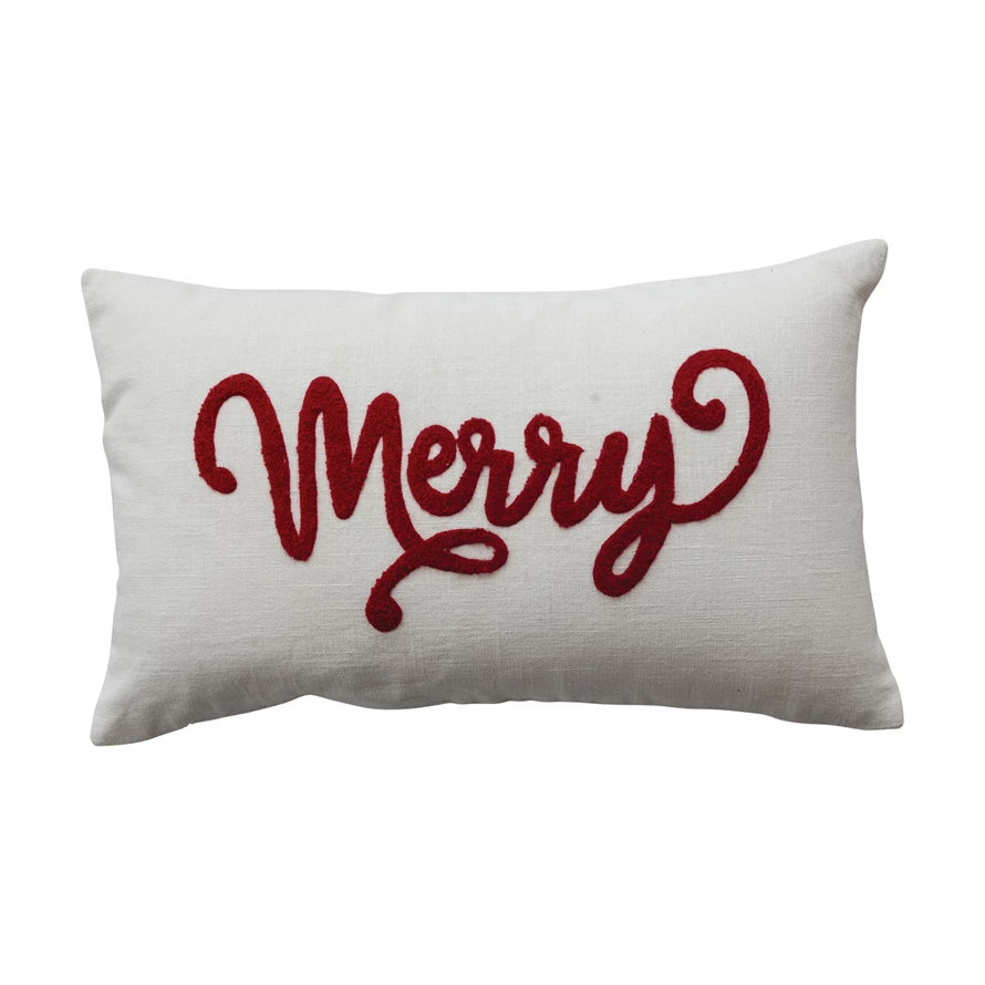 Lumbar Holiday Pillow with Embroidered Merry - Posh West Boutique
