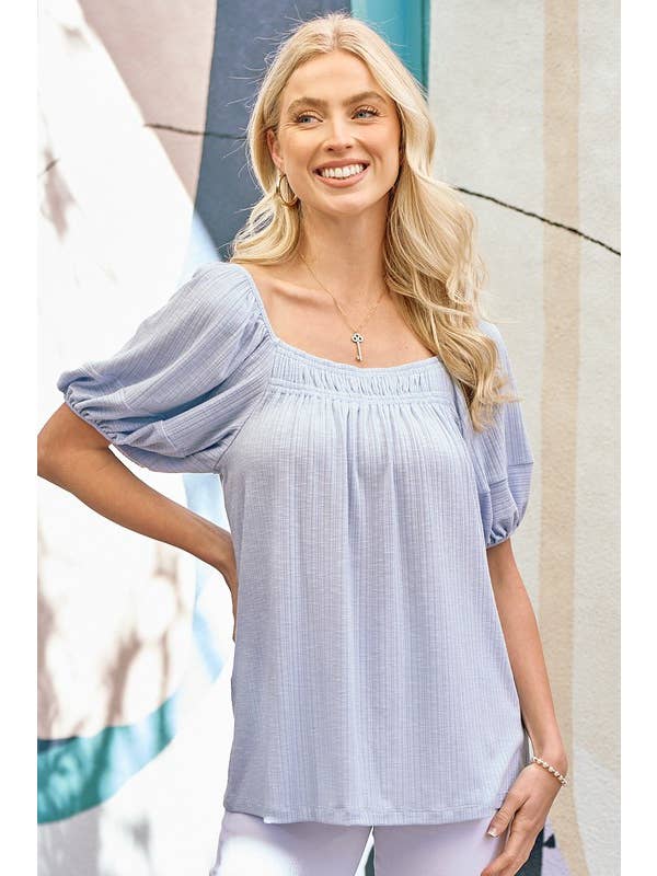 Blue Bubble Sleeve Top with Smocking Detail - Posh West Boutique