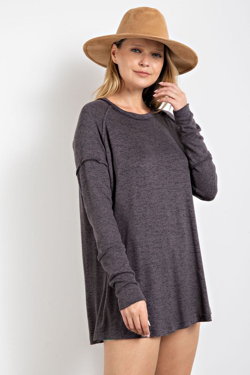 Easel Charcoal Gray Hacchi Top - Posh West Boutique