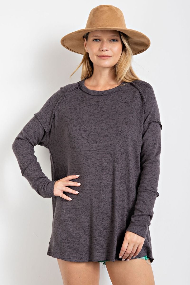 Easel Charcoal Gray Hacchi Top - Posh West Boutique