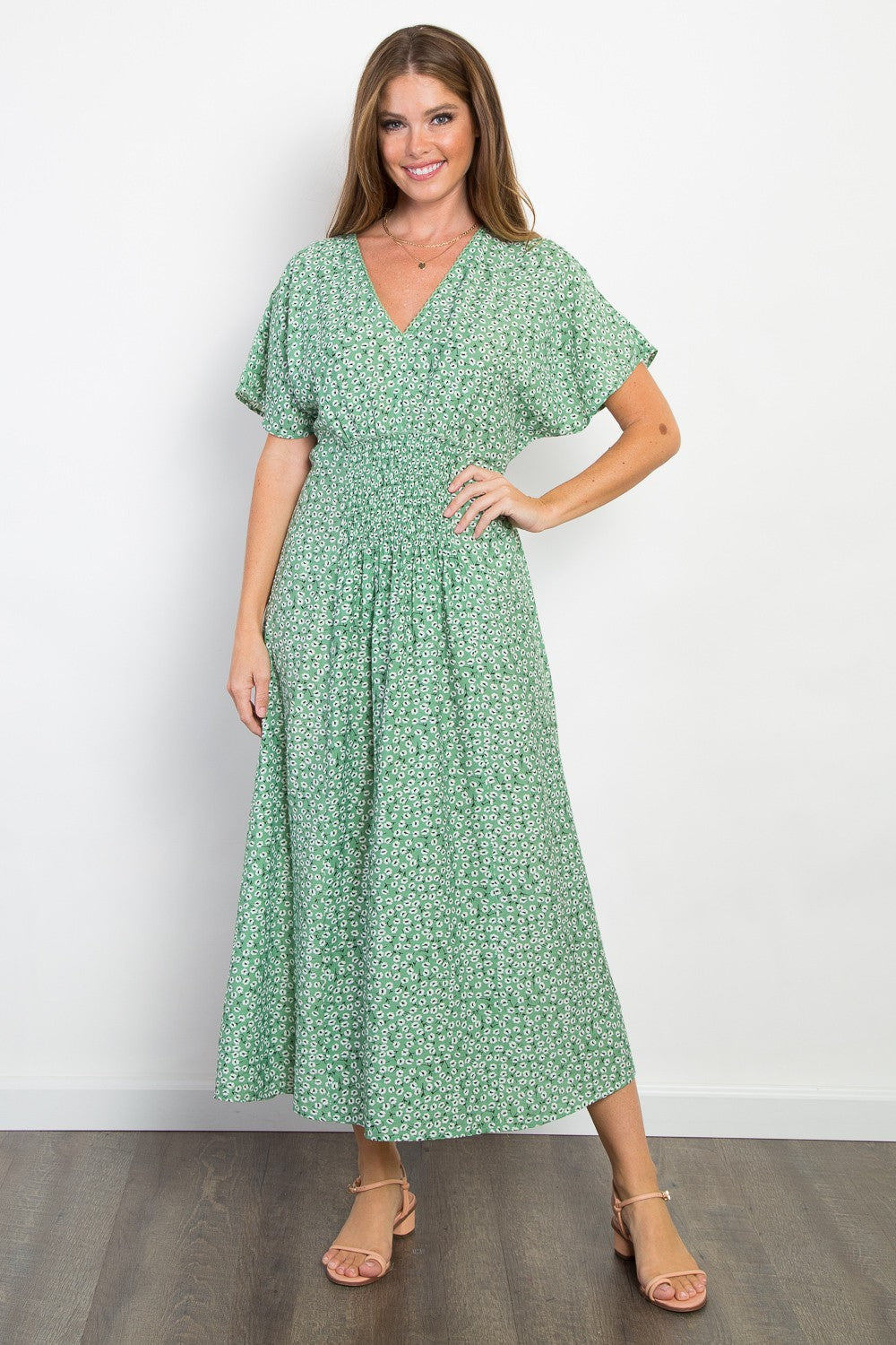 Green Shirred Animal Print Dress - Posh West Boutique