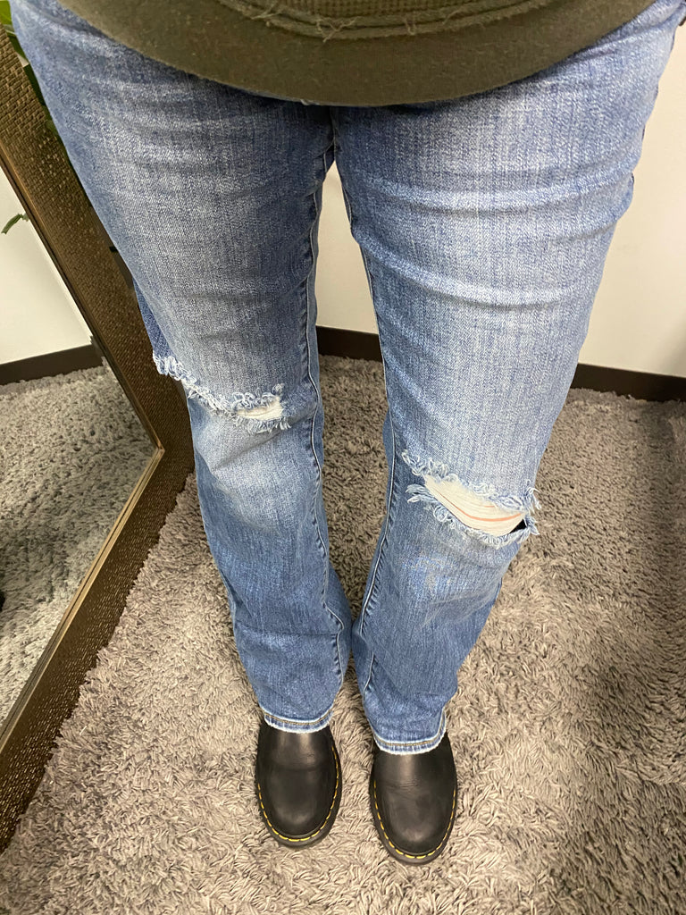 Judy Blue Medium Wash Mid Rise Destroyed Knee Bootcut - Posh West Boutique